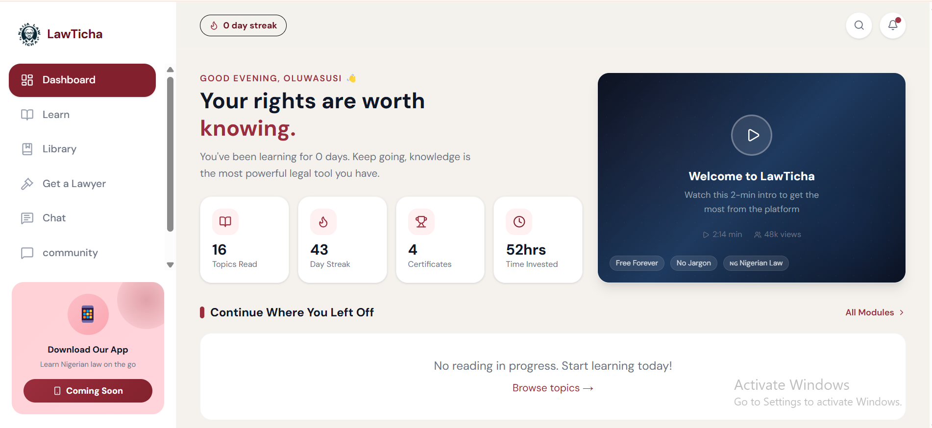 LawTicha dashboard showing reading streak, certificates, and legal modules